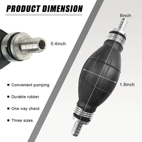 Hand Fuel Transfer Pump With Manual Primer Bulb For Cars Boats And Marine Fuel Systems, 10mm 3/8 Inch Rubber Fuel Line, dimensions shown