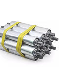 Heavy Duty Galvanized And 201 Stainless Steel Conveyor Roller For Shop Or Warehouse, stacked rollers secured with yellow strap.