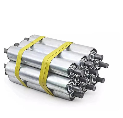 Heavy Duty Galvanized And 201 Stainless Steel Conveyor Roller For Shop Or Warehouse, stacked rollers secured with yellow strap.