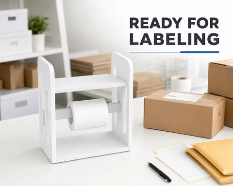 Premium Solid Wood Label Holder In Clean White, No Sweat Setup Printer Stand And Sticker Dispenser For Thermal Rolls And 4X6 Shipping Labels, ready for labeling on a desk.