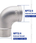 Stainless Steel NPT Three Quarter Inch Elbow Fitting 90 Degree With Male And Female Threads For Water Air Hose And PVC Tubing