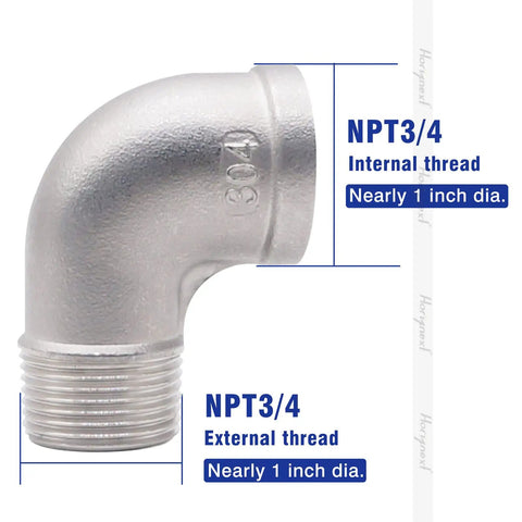 Stainless Steel NPT Three Quarter Inch Elbow Fitting 90 Degree With Male And Female Threads For Water Air Hose And PVC Tubing