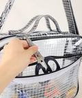 Rugged Anti Static Pvc Engineer Bag Waterproof Crossbody Shoulder Satchel Transparent Tool Organizer Hella Tough For Workshop Builds And Day Trips holding scissors in zippered pocket.