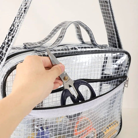 Rugged Anti Static Pvc Engineer Bag Waterproof Crossbody Shoulder Satchel Transparent Tool Organizer Hella Tough For Workshop Builds And Day Trips holding scissors in zippered pocket.