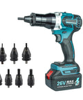 No Fuss Heavy Duty Cordless Rivet Nut Gun With Slick Lock Head And Bright Led for M3 through M12 jobs with battery and adapters.