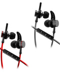 Slick Bluetooth Wireless Sports Earbuds Featuring Removable Ear Hooks And Rugged Flat Cable Design in red and black colors