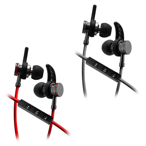 Slick Bluetooth Wireless Sports Earbuds Featuring Removable Ear Hooks And Rugged Flat Cable Design in red and black colors