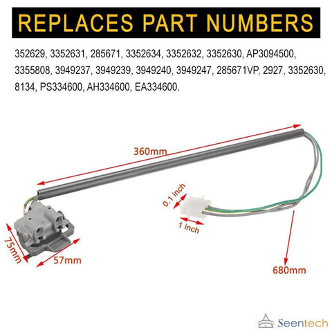 Washer Lid Switch Direct Replacement For Whirlpool And Kenmore Washers 285671 V with dimensions and connectors visible.