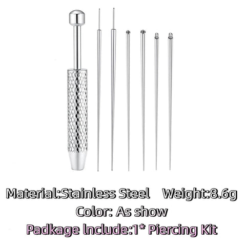 Stainless Steel Piercing Taper Ball Grabber Kit For Easy Jewelry Swap, Flat Back Earrings Applicator And Threadless Insertion Pin, shown with tools