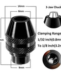 Diagram of Six Piece Quick Change Keyless Chuck Kit for Dremel Rotary Tools, showing dimensions and clamping range 1/32 to 1/8 inch.