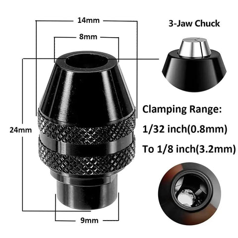 Diagram of Six Piece Quick Change Keyless Chuck Kit for Dremel Rotary Tools, showing dimensions and clamping range 1/32 to 1/8 inch.
