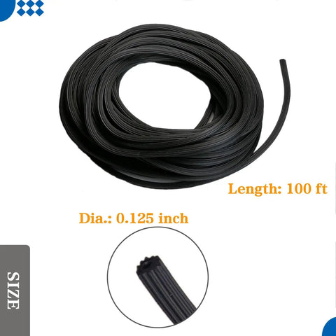 Window Screen Spline 0.125 Inch By 100 Foot Black Retainer For Securing Screen Mesh In Frames, Hollow Core Serrated Round Shape
