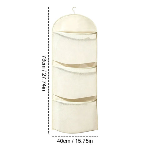 Real Game Changer Three Tier Hanging Closet Organizer With Breathable Mesh Storage Rack For Socks Underwear And Bras Multi Compartment Wardrobe Divider in beige.