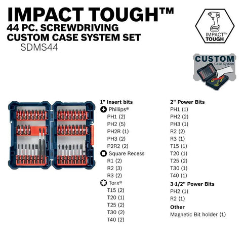 44 Piece Impact Tough Screwdriver Bit Set in Custom Case System with Xtended Torsion Zone for 10X Longer Bit Life displayed open