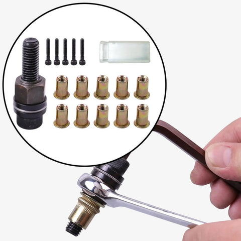 Hand using Rivet Nut Kit With Female Head M3 To M10 High Performance Mandrels For Repairing Doors And Windows Diy Tool Versatile Manual Pneumatic Or Electric Riveter Includes Nuts Rods And Storage Box