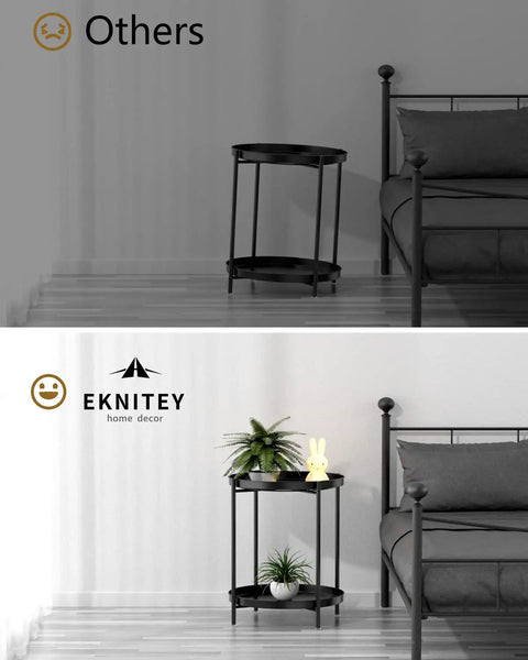 2 Tier End Table With Removable Tray, Metal Side Table For Living Room, Bedroom, Compact Coffee Table, Black, next to bed