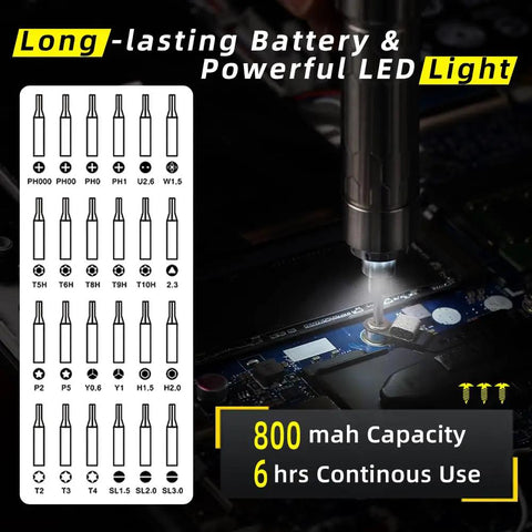 Marker Sized Pocket Friendly Electric Screwdriver Kit With 24 Magnetic Bits And 5 Torque Settings Cordless Rechargeable DIY Repair Tool For Small Appliances Phones Cameras Laptops And More showing LED lighting and 24 interchangeable bits chart for precise electronic repairs.