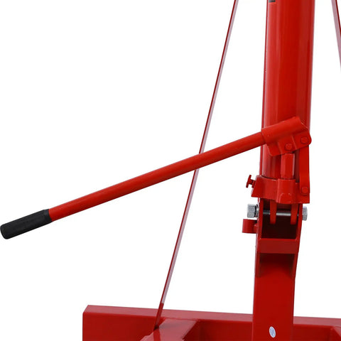 Heavy Duty Folding Engine Hoist With 4000 Lbs Capacity And Six Swivel Casters For Auto Garages showing the lever and hydraulic mechanism.