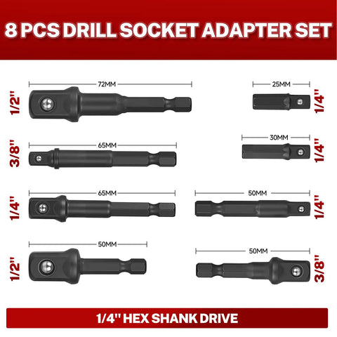 8 piece drill socket adapter set showing various sizes of 1/4, 3/8, and 1/2 inch drives with hex shank drive.