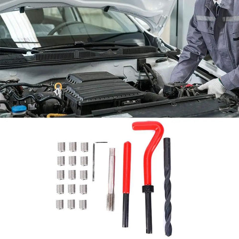 M8x1.25 Stainless Steel Thread Repair Kit For Automotive And HVAC Systems Restores Damaged Female Threads In Aluminum And Other Metals With True Precision And Built Tough Durability For Industrial Machinery High Voltage Gear And Microwave Equipment, inserts and tools beside car engine