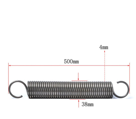 Top Shelf Dual Hook Tension Springs Built Tough From Heat Tempered Steel, 500 Mm Overall Length, 4 Mm Wire And 38 Mm Outside Diameter, showing dimensions.