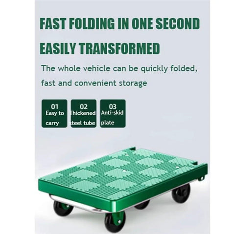 Beefy Folding Platform Cart Dolly For Moving Heavy Loads, Heavy Duty Hand Truck With Silent Wheels, Non Slip, Double Bearing Design, Easy Fold, Compact For Warehouse, Garage, And Home Use, Black, green platform, anti-skid plate