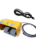 Heavy Duty Electric Hydraulic Scissor Lift Table With Beefy Steel Build And Massive 13200 Lb Capacity For The Garage Or Warehouse Easy Foot Pedal Lift with yellow foot pedal control.