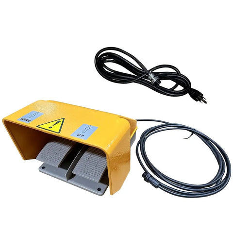 Heavy Duty Electric Hydraulic Scissor Lift Table With Beefy Steel Build And Massive 13200 Lb Capacity For The Garage Or Warehouse Easy Foot Pedal Lift with yellow foot pedal control.