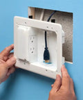 Installation of Low Profile In-Wall TV Box For Shallow Walls 8x5 Inch Recessed Wall Box For Flat Screen TVs in blue wall
