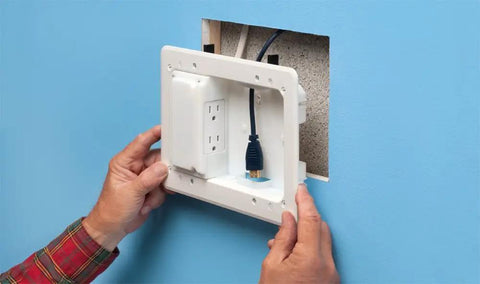 Installation of Low Profile In-Wall TV Box For Shallow Walls 8x5 Inch Recessed Wall Box For Flat Screen TVs in blue wall