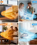 2 In 1 Portable Space Heater And Desk Fan in office, kitchen, living room, and bedroom showing heating and cooling functions