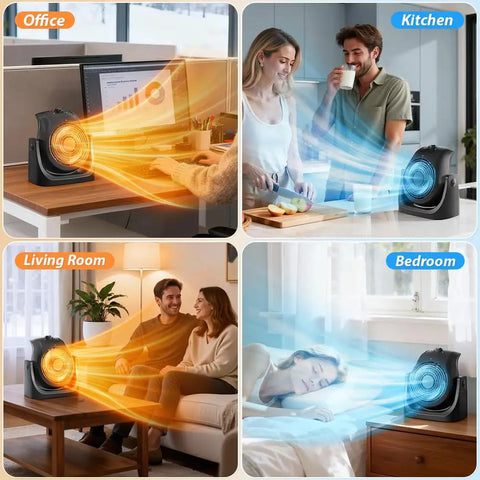 2 In 1 Portable Space Heater And Desk Fan in office, kitchen, living room, and bedroom showing heating and cooling functions