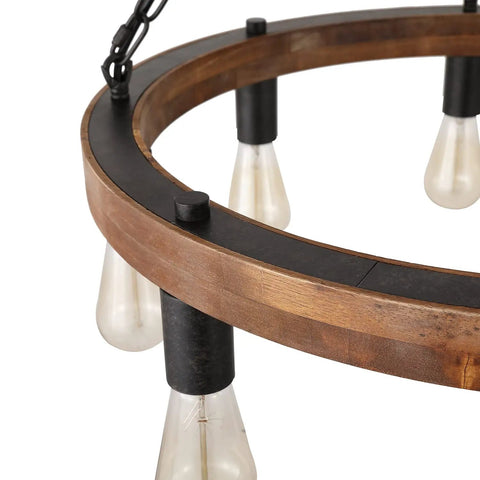 Close-up of Round Wagon Wheel Chandelier With Eight Lights, Rustic Farmhouse Pendant Fixture, wood frame with faux rust metal.