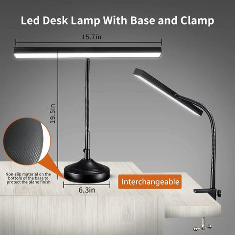 Two In One Piano Desk Lamp with Flexible Gooseneck and Clamp Base showcasing LED light design, base dimensions and clamp detail.