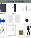 Image showing package contents of RFID Cabinet Lock With USB Cable Hidden DIY Lock for Wooden Cabinets Drawers Lockers Cupboards And Gun Boxes Includes 5 Key Cards Fobs Easily Installs In Thin To Thick Wooden Doors With Secure Access And Flexible Use.