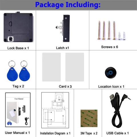 Image showing package contents of RFID Cabinet Lock With USB Cable Hidden DIY Lock for Wooden Cabinets Drawers Lockers Cupboards And Gun Boxes Includes 5 Key Cards Fobs Easily Installs In Thin To Thick Wooden Doors With Secure Access And Flexible Use.