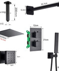 Slick Matte Black Rain Shower System With 10 Inch Ceiling Mounted Rainfall Head And Handheld Sprayer Body Jets Thermostatic Mixer Valve Temp Lock, components with dimensions shown.