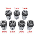 Solid ER11 Spring Collet For CNC Routing Fits 1-8mm Tools, showcasing precision collets from 1mm to 7mm for secure tool holding.