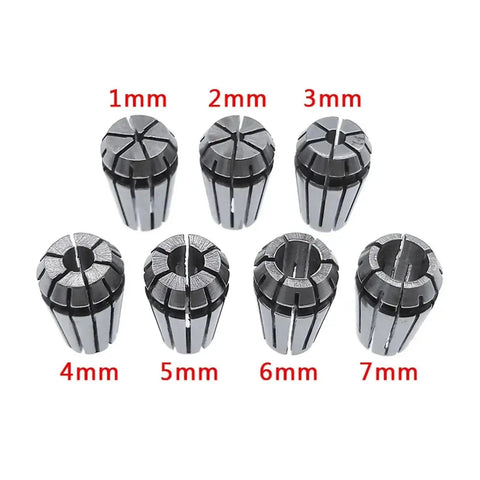 Solid ER11 Spring Collet For CNC Routing Fits 1-8mm Tools, showcasing precision collets from 1mm to 7mm for secure tool holding.