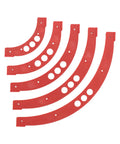 No Fuss Radius Template R100 To R300 Adjustable Corner Guide Rock Solid Woodworking Jig, red curved layout tool pieces.