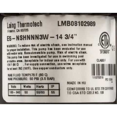 Label from Series E5 Spa Circulation Pump Replaces Aging Spa Pumps 115V 230V 3 4 Inch Bolt with specs and warnings.