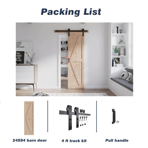 24 Inch By 84 Inch Sliding Barn Door With Hardware Kit Included Four Foot Solid Spruce Panel K Shape Wood Door For No Fuss DIY Assembly Rustic Farmhouse Style Interior Room Divider installed in modern room