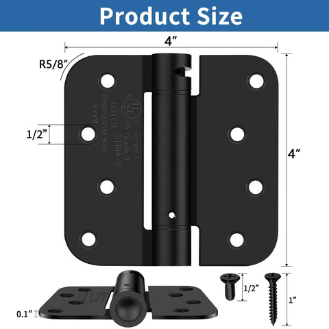 Heavy Duty Four Inch Self Closing Door Hinges Three Pack Featuring Five Eighths Corners and Spring Loaded Setup For Interior Rooms That Shut Smoothly Straight Up Zero Hassle Every Day - 4 inch hinge with detailed measurements and black finish.