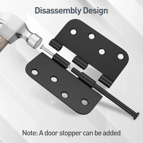 Heavy Duty 4 Inch Door Hinge Set With Slick Matte Black Finish And Rounded Corners showing disassembly design and hardware for easy installation.