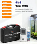 6 In 1 Digital Aquarium Water Test Kit With 50 Strips For Fresh And Saltwater Tanks Fast And Accurate PH Nitrate Nitrite Chlorine Total Hardness And Carbonate Testing For Fish Tanks, displayed with case and digital tester near fish tank