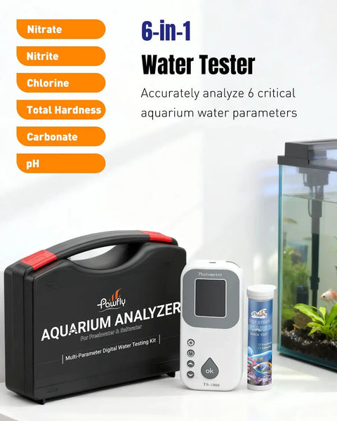 6 In 1 Digital Aquarium Water Test Kit With 50 Strips For Fresh And Saltwater Tanks Fast And Accurate PH Nitrate Nitrite Chlorine Total Hardness And Carbonate Testing For Fish Tanks, displayed with case and digital tester near fish tank