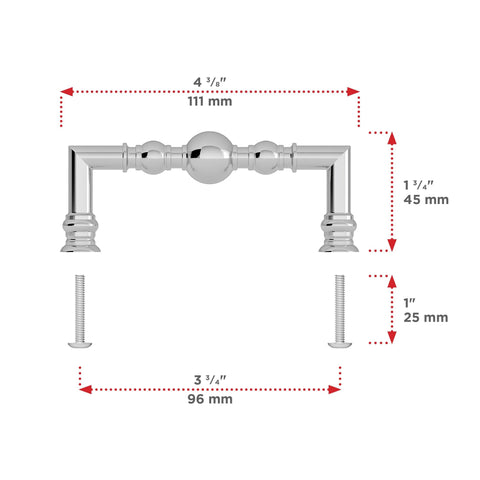Firenze Collection Chrome Traditional Round Cabinet And Drawer Pull Handle For Kitchen And Bath 3 3/4 Inch Center To Center dimensions