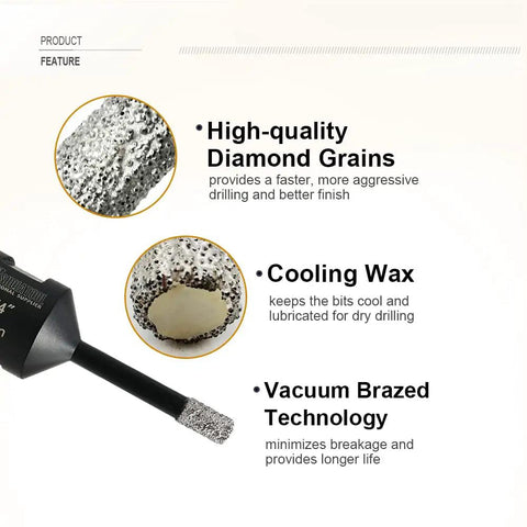 Close-up of a Diamond Core Drill Bit Set for Porcelain Tile Granite Marble Stone Brick Dry and Wet Drilling Vacuum Brazed