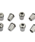 Set Of Eight Tough As Nails Manganese Steel ER32 Spring Collet Chucks for CNC Tool Holders displayed from multiple angles.
