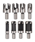 Legit Top Tier Wood Plug Cutter Drill Bit Set Eight Piece Collection titanium coated steel drill bits in four sizes for woodworking.